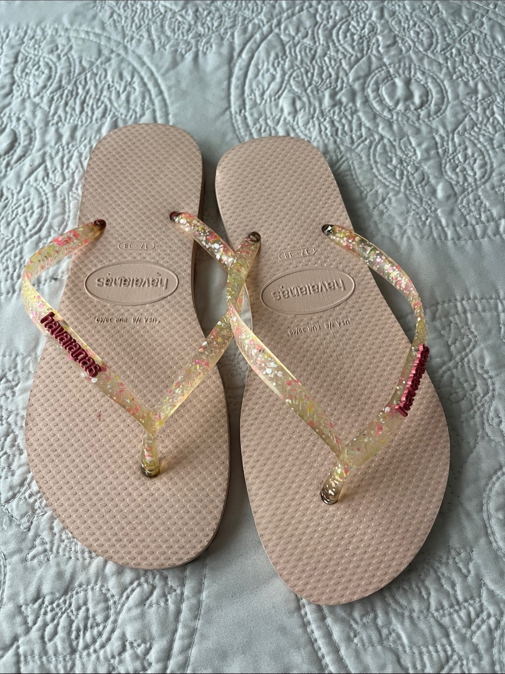 Havaianas Slim Glitter Flourish Flip Flops Macaron Pink Translucent Straps 7/8